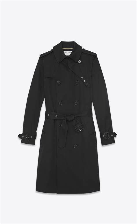 ysl double breasted belted trench coat in black gabardine|Saint Laurent.